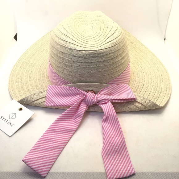 Styline Women’s Light Beige Folded Straw Panama Hat with Pink Striped Band & Bow - Picture 5 of 8